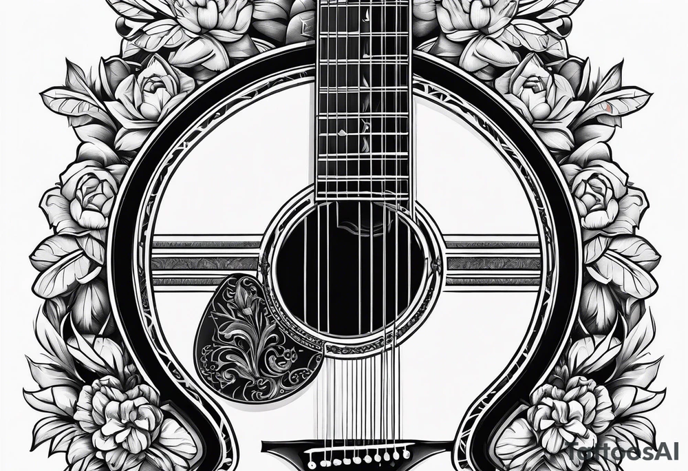 detailed christian cross with acoustic guitar tattoo idea