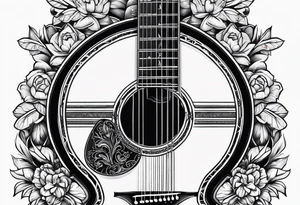 detailed christian cross with acoustic guitar tattoo idea