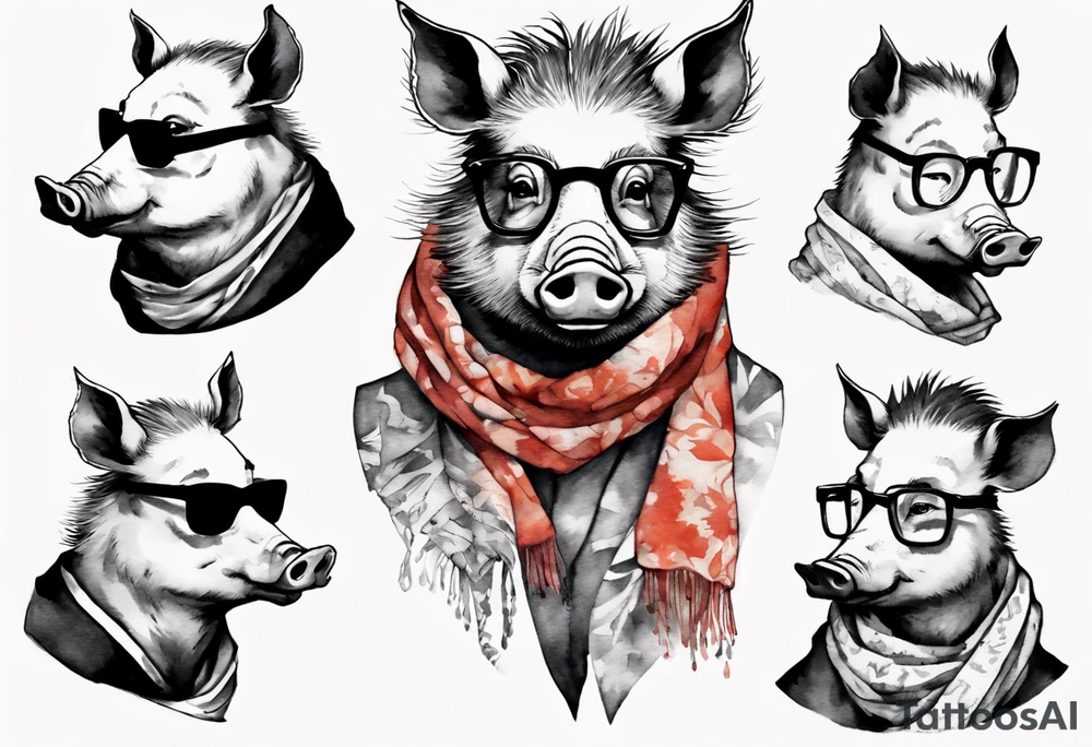 a wild boar wearing spectacles and a scarf tattoo idea