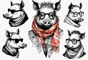 a wild boar wearing spectacles and a scarf tattoo idea