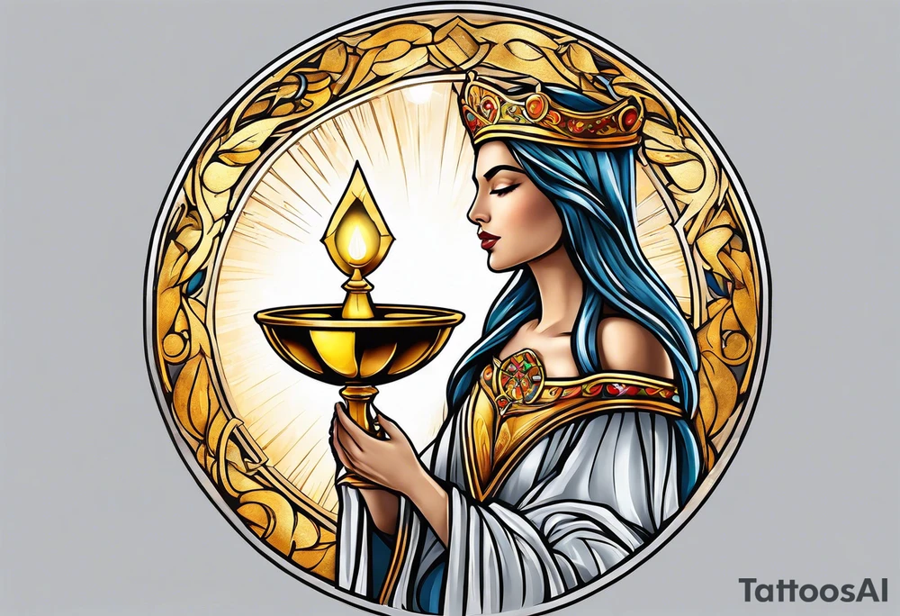 holy saint woman turned away with golden halo holding a chalice tattoo idea