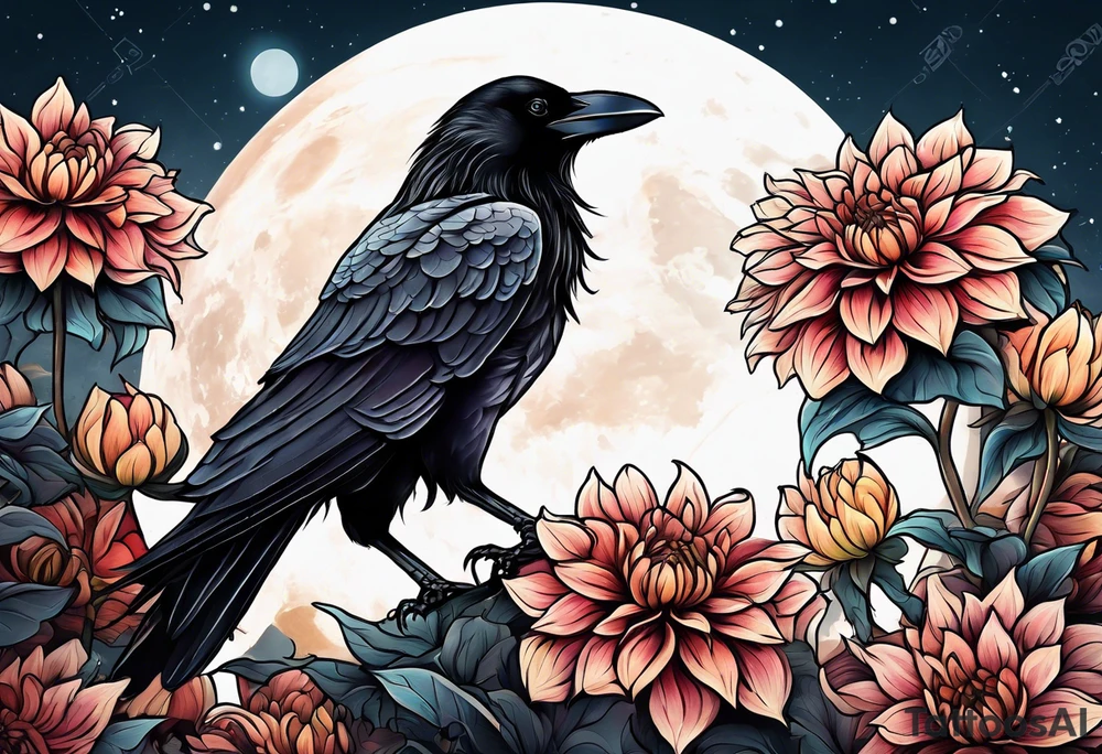 Perched crow surrounded by dahlia flowers with a moon in the background tattoo idea