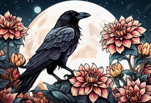 Perched crow surrounded by dahlia flowers with a moon in the background tattoo idea