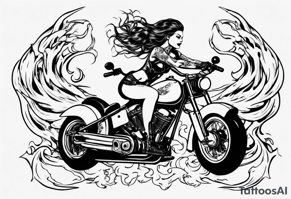 i want a tattoo of a girl riding a motorcycle with flames the words “Viking Customs” tattoo idea