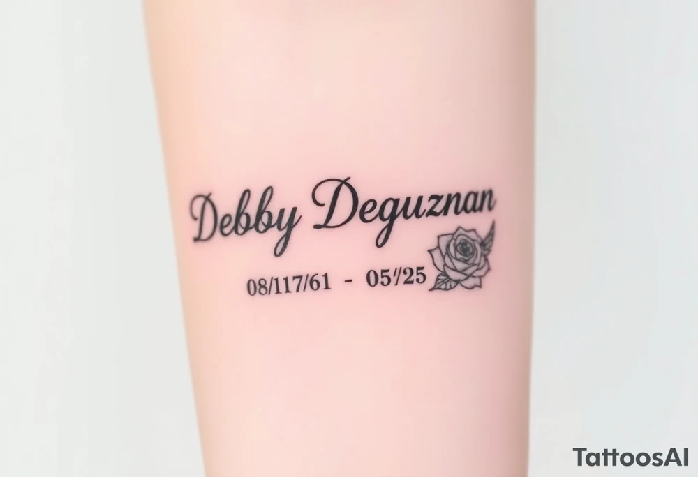 Tattoo of the exact name Debby Deguzman in chunky curly cursive with the exact dates of 08/17/61-05/29/25 surrounded by 1 hummingbird and 1 rose tattoo idea