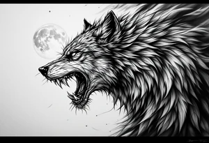 Realistic wolf head snarling with moon background tattoo idea