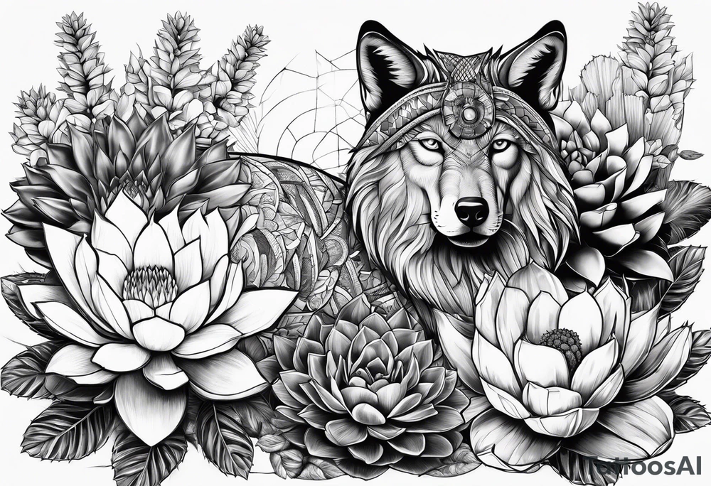 Geométricos, Lobo animais, cactos, flor tattoo idea