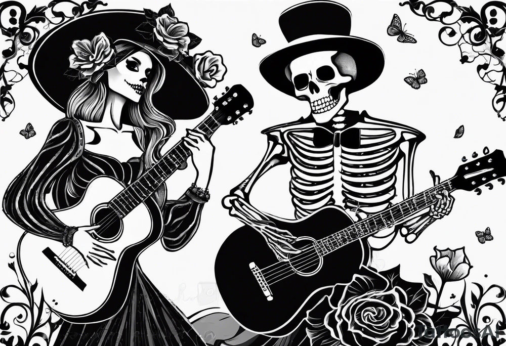 a male and a female skeleton. The male skeleton is playing the guitar. The female skeleton has a hibiscus flower. tattoo idea