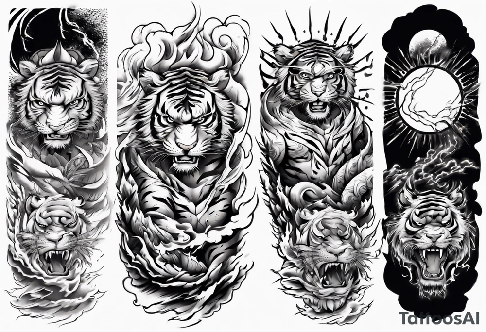 tiger warrior with lightning and the sun for a forearm sleeve tattoo idea