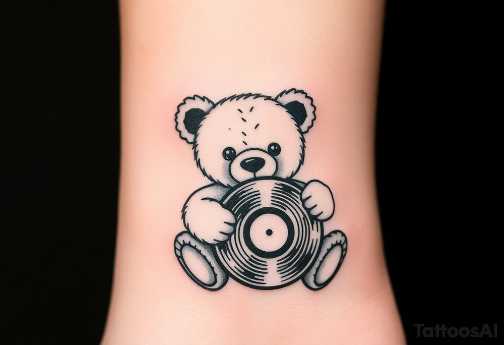 minimalist teddy bear holding a vinyl record tattoo idea