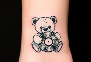 minimalist teddy bear holding a vinyl record tattoo idea