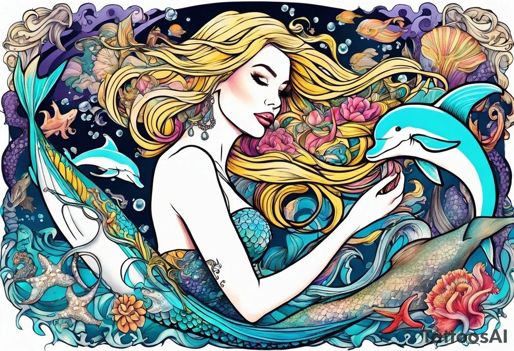 Beautiful blond mermaid with her giant octopus and dolphin friends tattoo idea