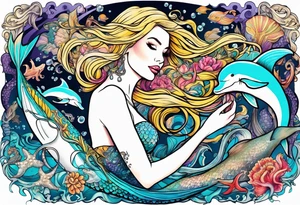 Beautiful blond mermaid with her giant octopus and dolphin friends tattoo idea
