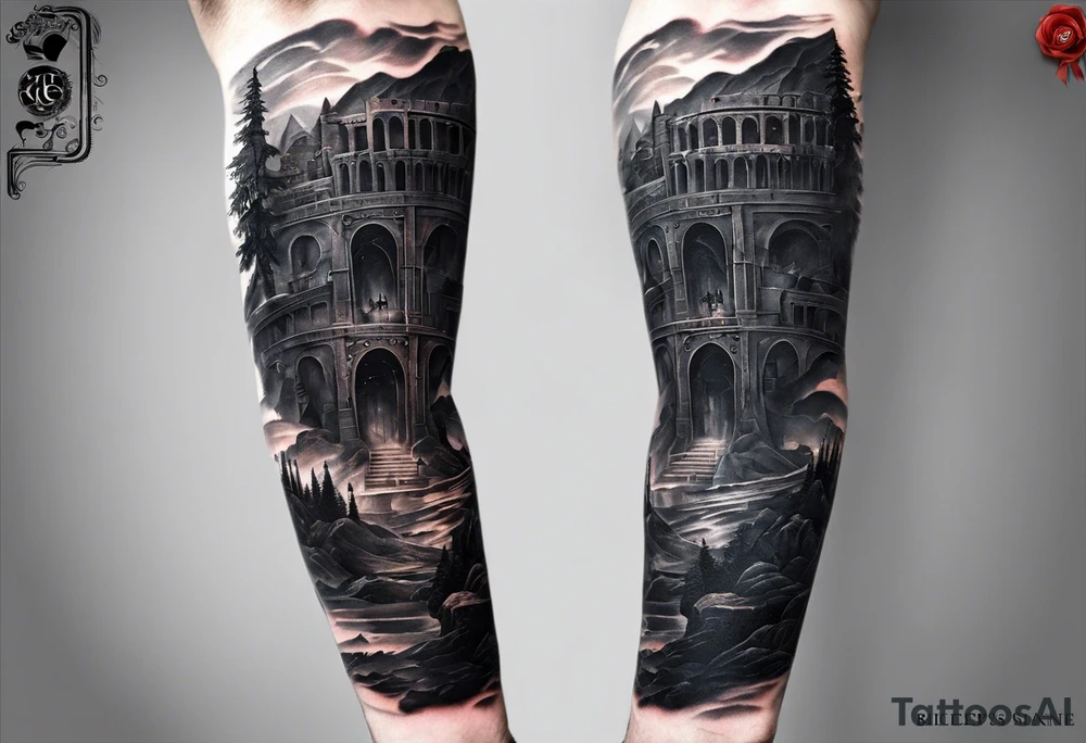 Certainly! Here's the updated description for a bicep and upper arm tattoo:

---

**Tattoo Description:**

**Design:** Black and gray detailed illustration.
**Location:** Bicep and upper arm.
**Concept:** Scene from Dante's Inferno, inspired by Gustave Doré's illustrations.

**Details:**

1. **Main Elements:**
   - A dark forest with towering trees and rocky terrain.
   - Two small figures standing at the entrance of a dark cave, symbolizing the descent into hell.
   
2. **Style:**
   - Detailed line work capturing the intricate details of the forest and rocky environment.
   - Black and gray shading to create depth and contrast, emphasizing the eerie and foreboding atmosphere.

**Overall Feel:**
   - A haunting and dramatic scene that evokes the mysterious and ominous journey through Dante's Inferno.

---

This version is tailored for the bicep and upper arm, providing a clear and concise vision for your tattoo artist. tattoo idea