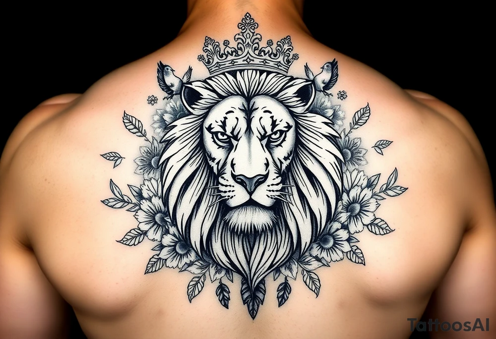 powerful majestic lion with a crown, surrounded by floral ornaments and birds tattoo idea