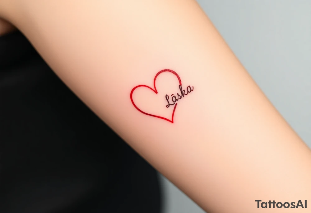 A heart-infused infinity symbol, one loop forming a heart shape, with "Láska" in deep red blending into the design tattoo idea
