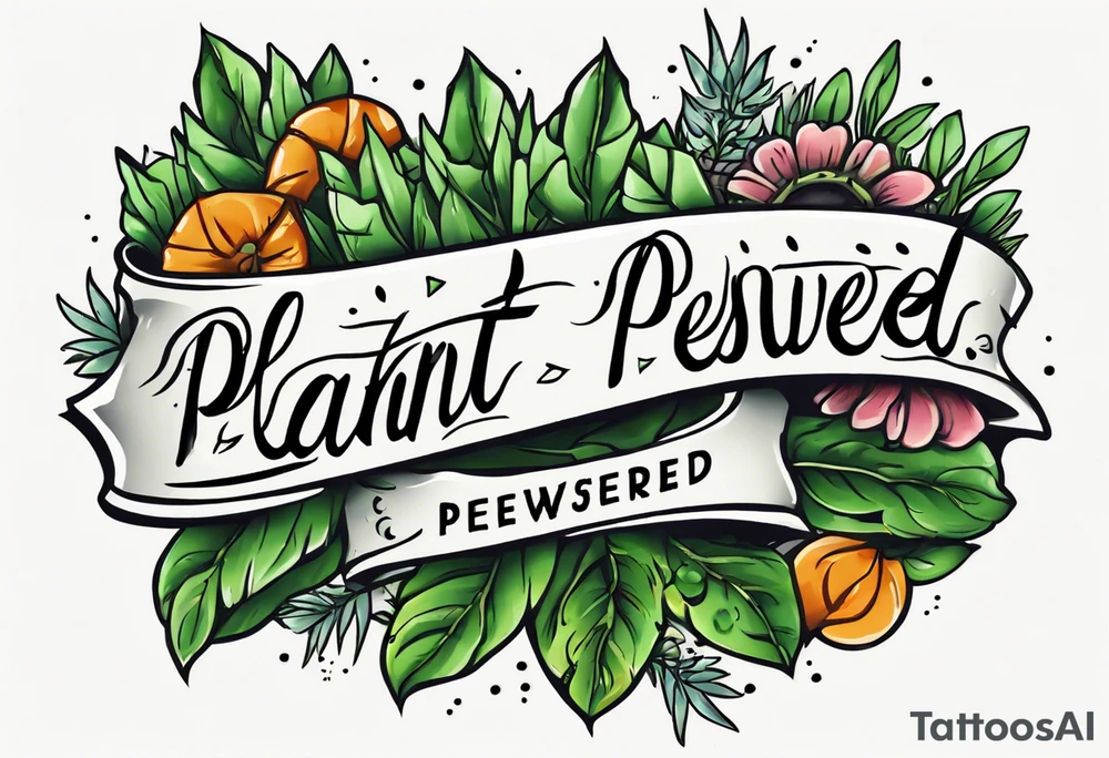 Arm band tattoo spelling ‘Plant Powered’ with plants tattoo idea