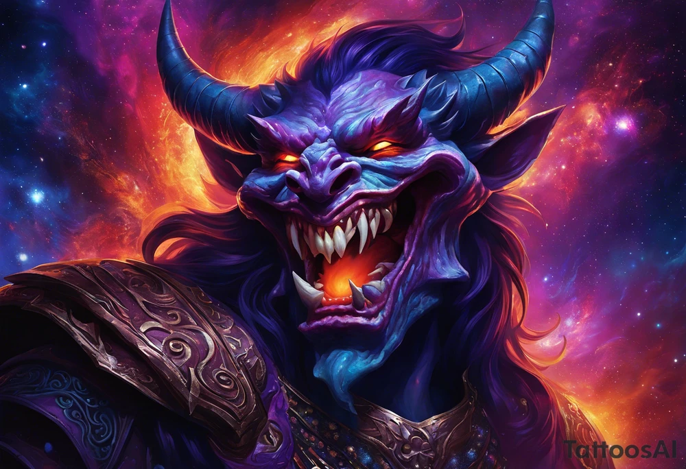 Dominant demonic figure, formidable face with royal king features, has a evil grin and a bit of open mouth with glimpse of devil fang teeth, similar to skull features, framed by deep-set glowing galaxy eyes, head has prominent purple deep blue flames (No horns). colour scheme is recognizable swirling galaxy-shaped textures with fiery peacock blue green turquoise colour highlights. orange highlights. 
Head will have visible prominent braids in koru maori style with 3-5 hawk feather ends. 

it will frontal totem figure and will sit on top of huge torii gate (Japanese) tattoo idea
