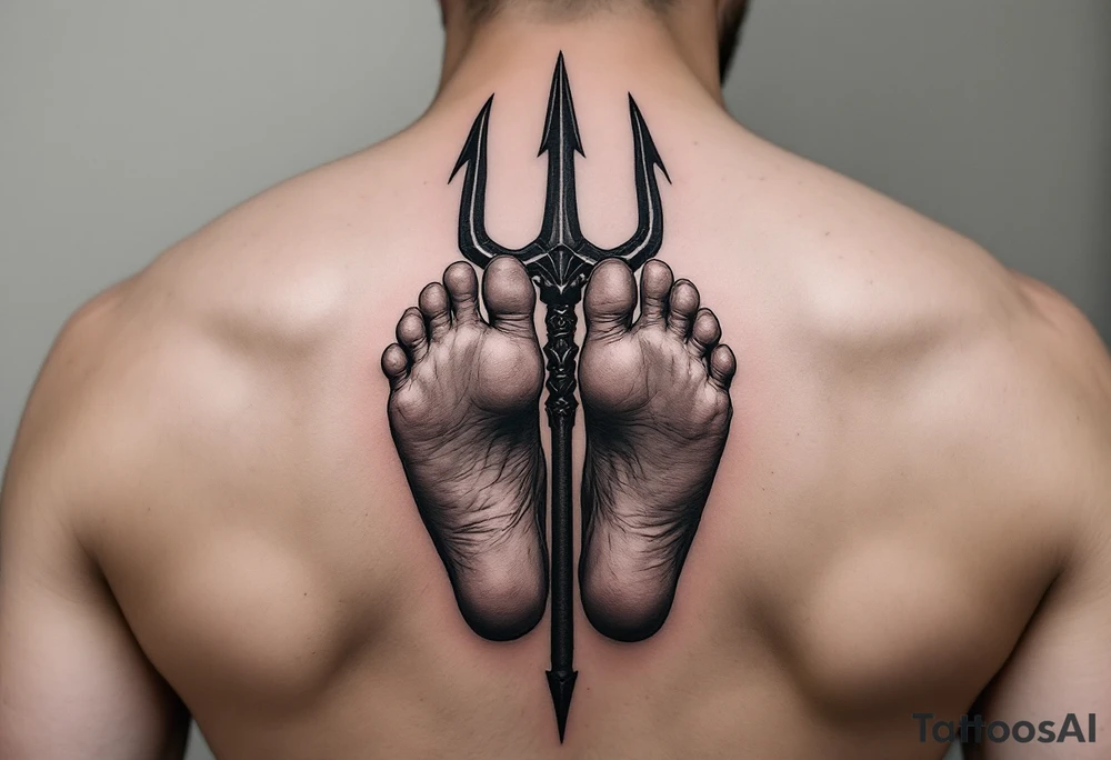barefeet behind trident tattoo idea