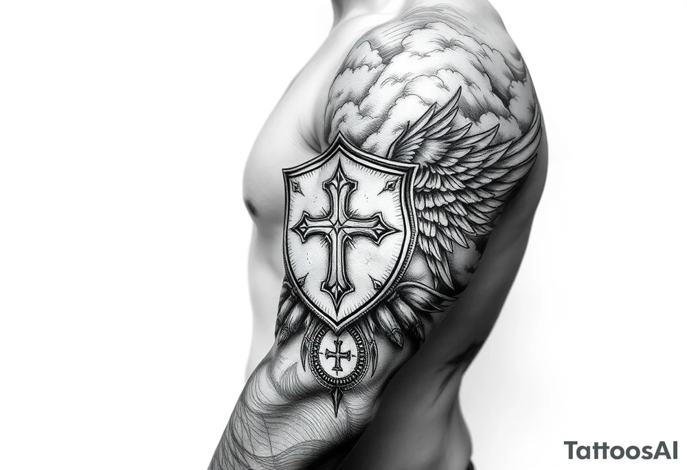 Half sleeve. clouds, shield, cross, bird tattoo idea