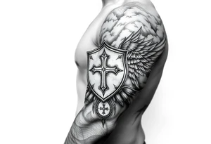 Half sleeve. clouds, shield, cross, bird tattoo idea