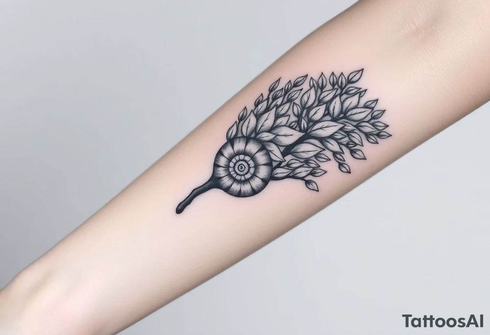 Fibonacci spiral shell on side of tree full of lots of leaves tattoo idea