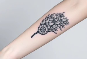 Fibonacci spiral shell on side of tree full of lots of leaves tattoo idea