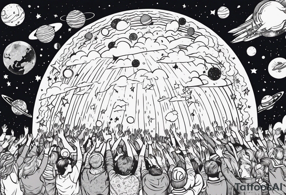 Crowd with hands up popping out of earth in space with throne of God in space tattoo idea