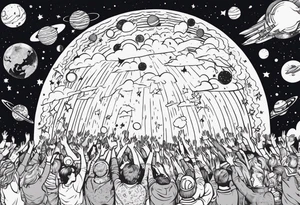 Crowd with hands up popping out of earth in space with throne of God in space tattoo idea