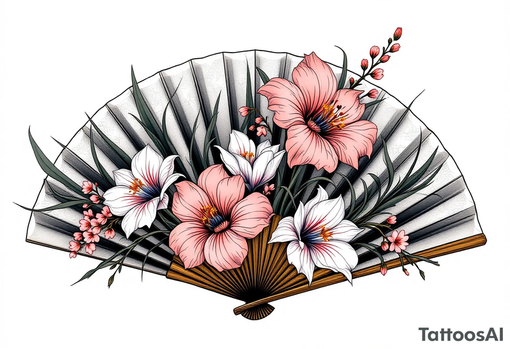 Irises flowers and cherry blossom on a fan forearm tattoo idea