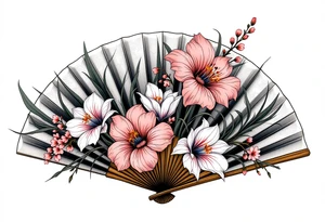 Irises flowers and cherry blossom on a fan forearm tattoo idea