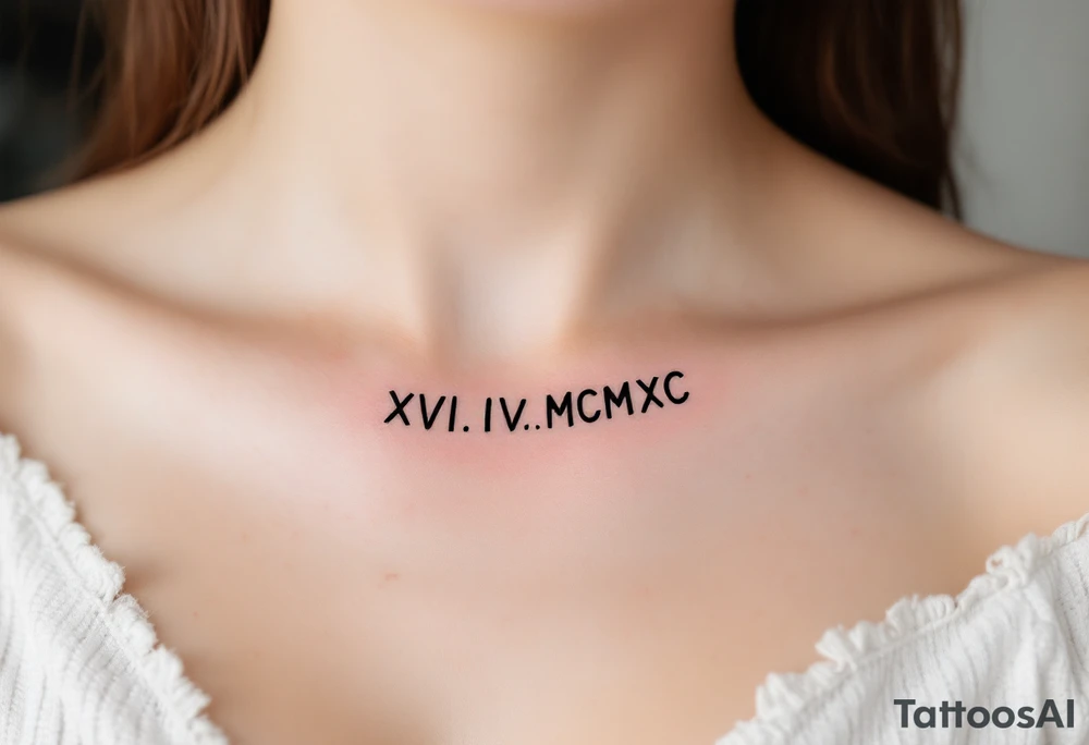 XVI.IV.MCMXC in minimalist black under the clavicle, with a thin geometric frame in faded bronze. tattoo idea