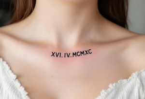 XVI.IV.MCMXC in minimalist black under the clavicle, with a thin geometric frame in faded bronze. tattoo idea