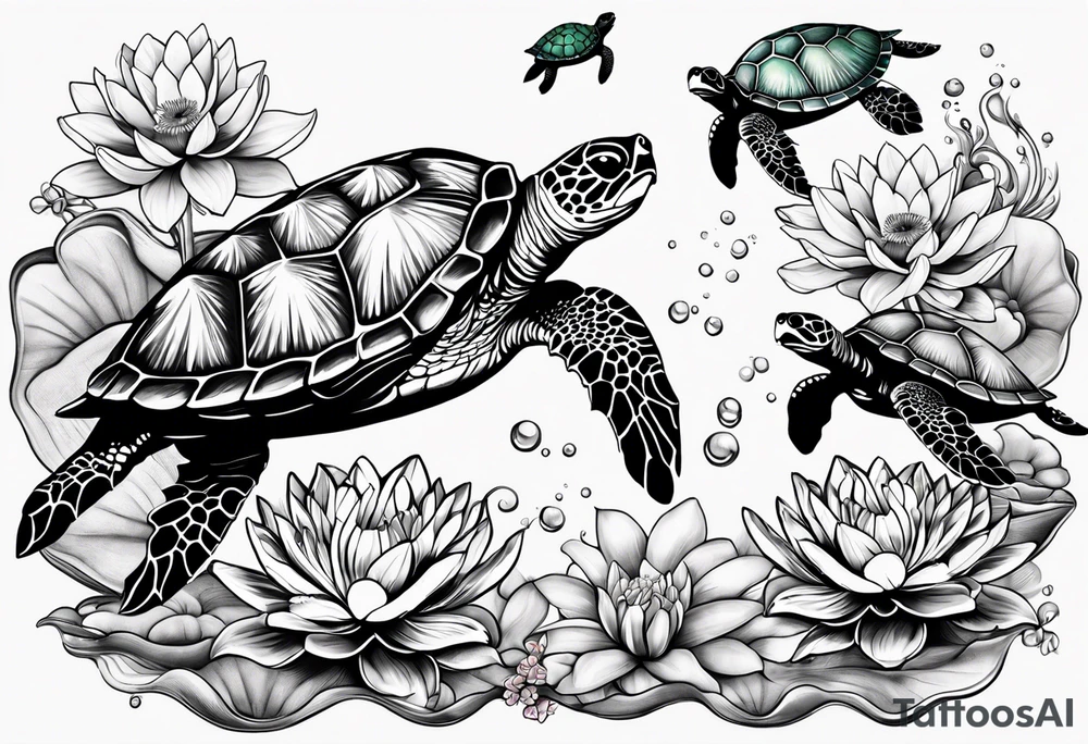 Mom and 2 baby sea turtle tattoos with 4 water lilies tattoo idea