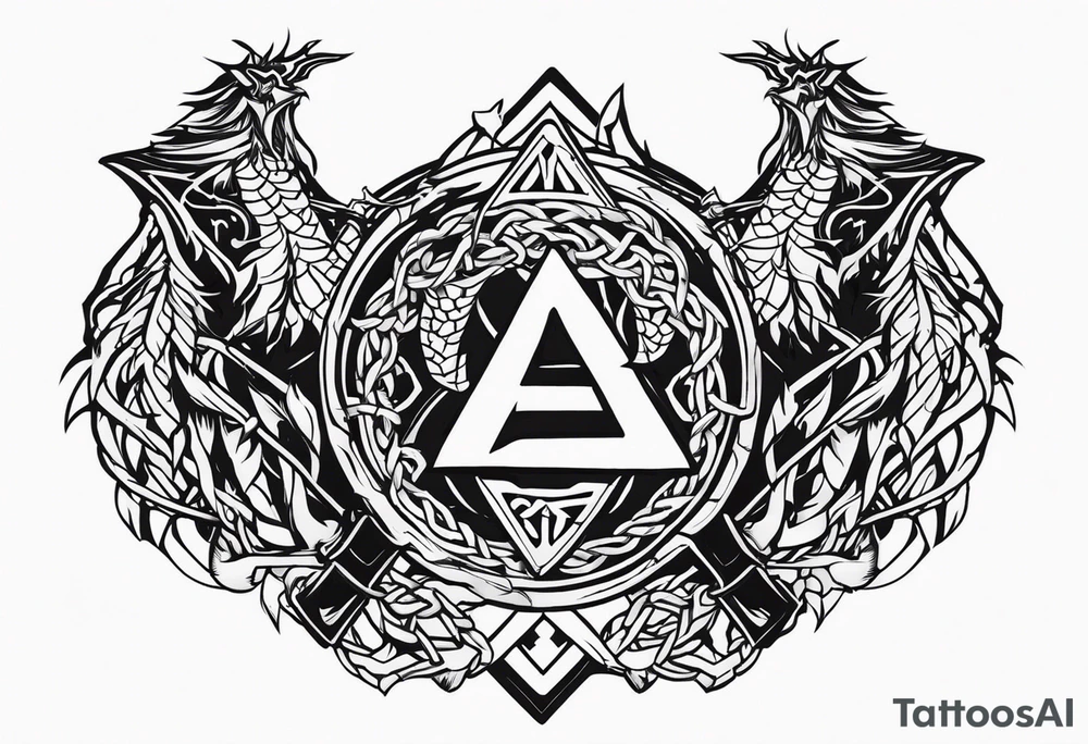 Valhalla sword shield dragon axe Valknut barbed wire chains tattoo idea Valhalla sword shield dragon axe Valknut barbed wire chains tattoo idea