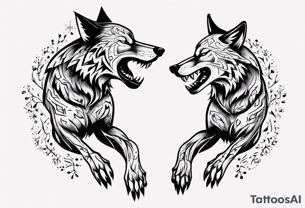 two wolves dancing on their hind legs tattoo idea