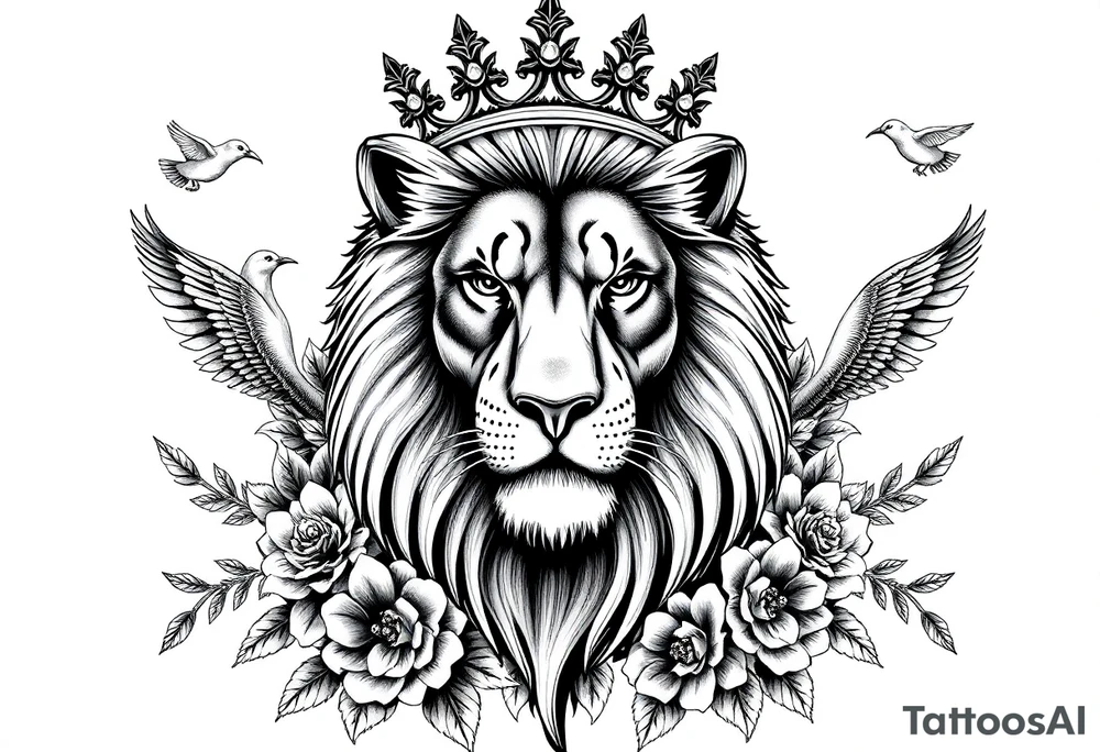 powerful majestic lion with a crown, surrounded by floral ornaments and birds tattoo idea