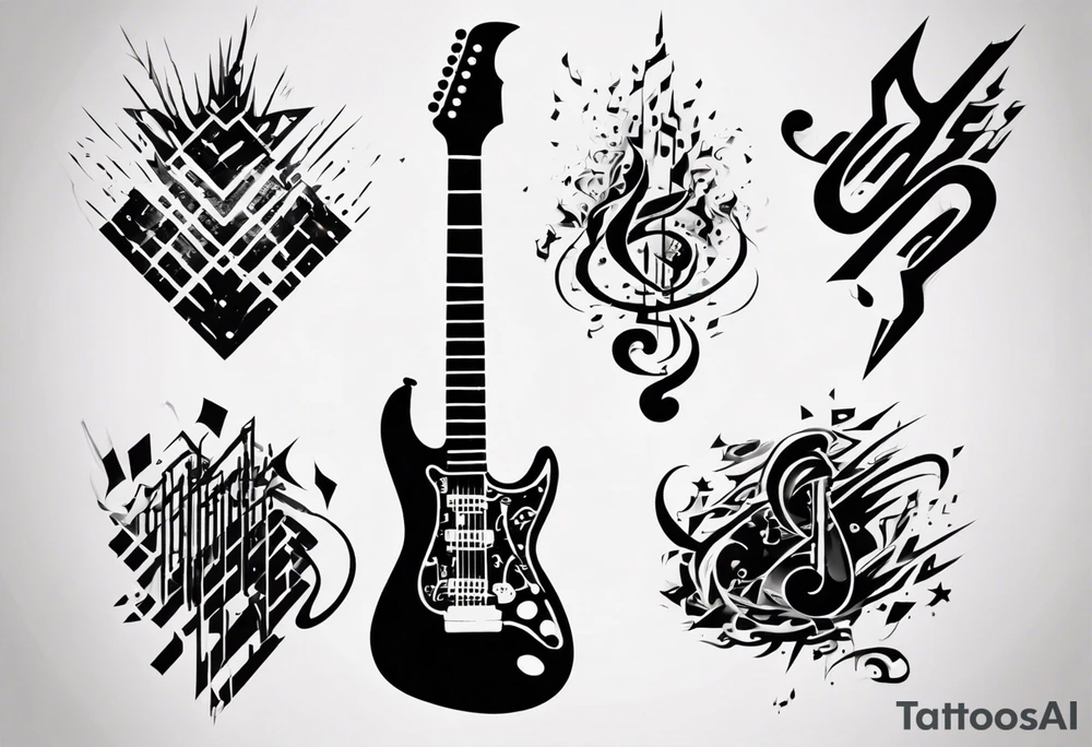 Create a unique tattoo design inspired by my passion for the electric guitar and video games. It could be an abstract representation of musical notes and pixel graphics. tattoo idea