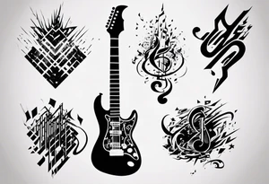Create a unique tattoo design inspired by my passion for the electric guitar and video games. It could be an abstract representation of musical notes and pixel graphics. tattoo idea