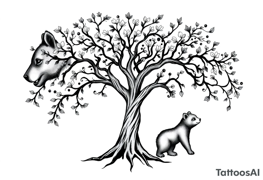 Tree of life and mama bear and one cub tattoo idea
