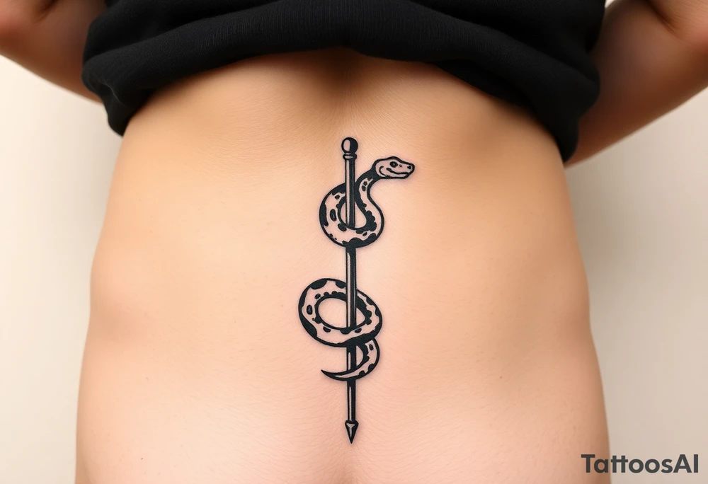 Snake tatto graphic on the hip. Positioned on the hip bone and lower closer to lady parts and leg. Snake symbolically wrapped over the pole (pole dance one). Minimalistic graphic style. Only snake and pole. Positioned horizontally, Pole vertically (not just Pole but a special pole for pole dance, but not to much details). On hip bone. Placed horizontally from the hip bone to pelvic. On the front of the hip. Lower belly tattoo idea