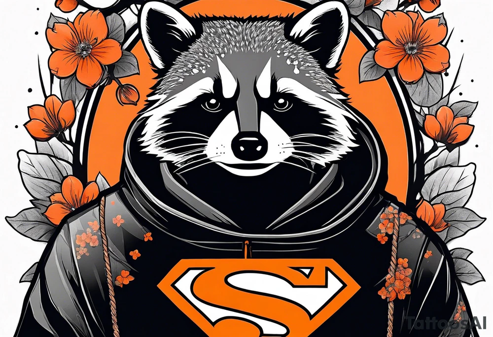 Raccoon wearing a white Superman logo on a black hoodie and orange Japanese cherry blossoms beside tattoo idea