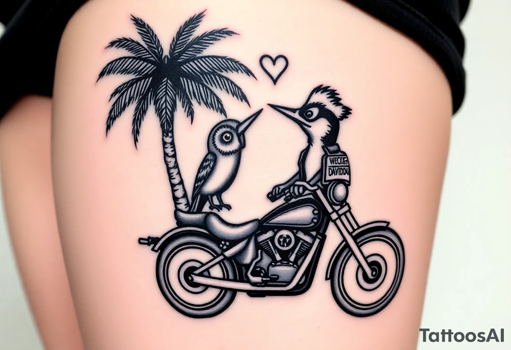 Woody the woodpecker wearing a leather vest that says peckerwoods, on a Harley Davidson under a palm tree, gazing in love at a barn owl tattoo idea