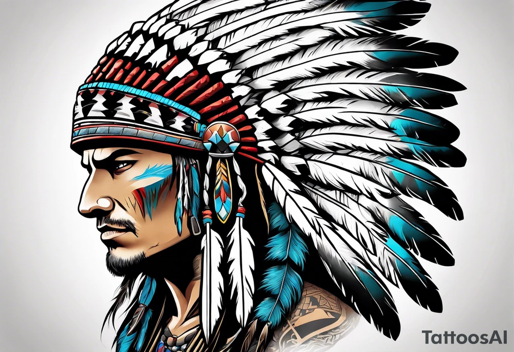 Half skull half wolf face with native war bonnet tattoo idea