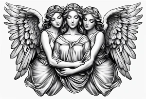 three angels holding hands, no color, realistic inside of bicep tattoo idea