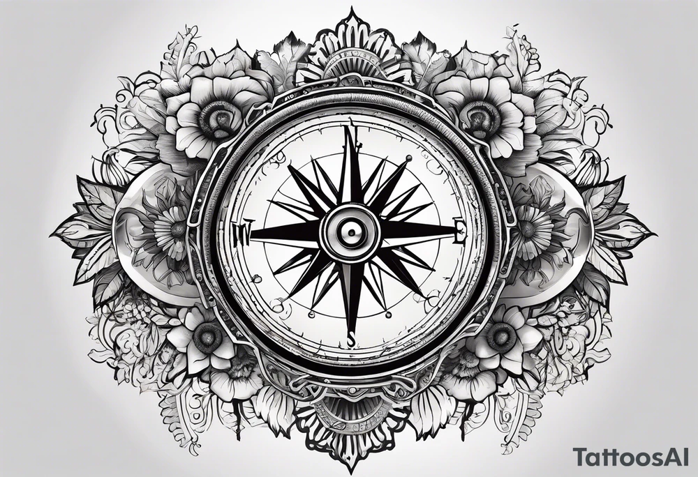 A Vintage compass with gears and marigold flower behind it. tattoo idea