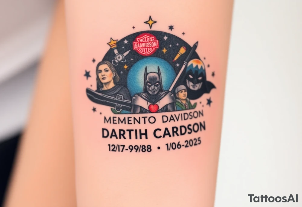 futuristic, spacey, memory tattoo: star wars, space, Harley Davidson, batman, skateboarding, camping, puzzle pieces, video games, heaven, god, outdoors, bullets, words MEMENTO MORI & DARTH CARTER 12/29/88-01/06/2025 tattoo idea