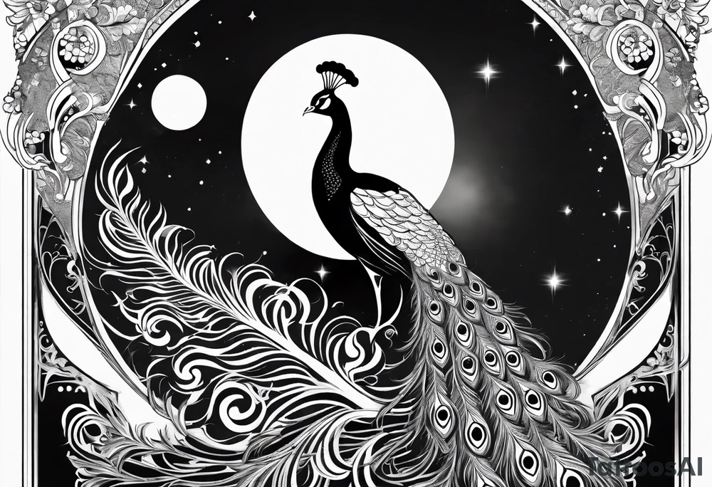black and white peacock with infinity symbol in feather and moon above tattoo idea
