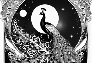 black and white peacock with infinity symbol in feather and moon above tattoo idea