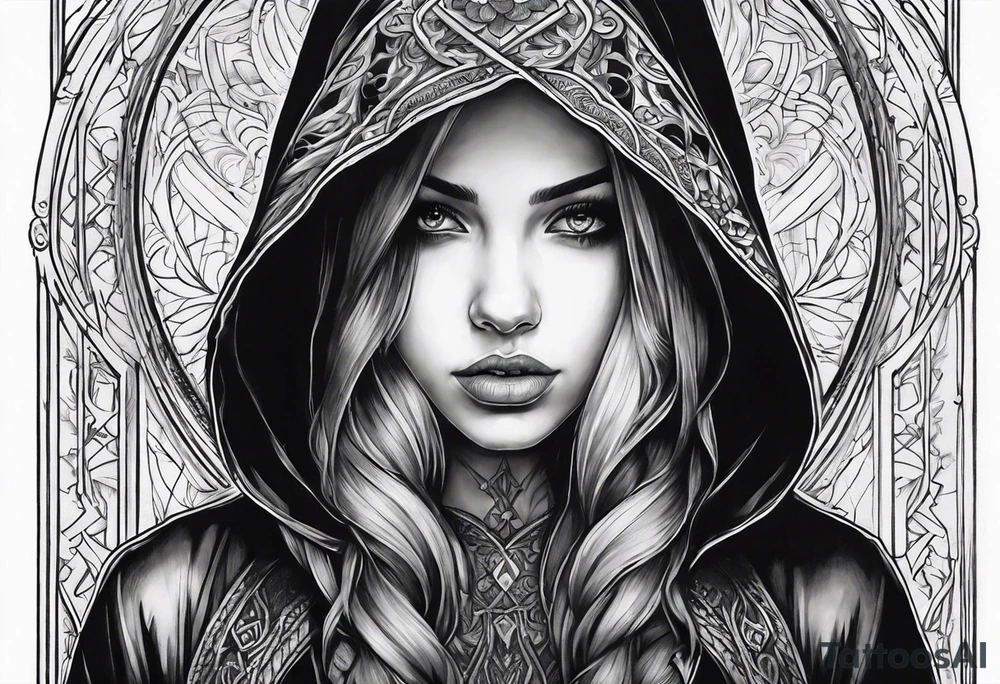 Hidden gothic hooded girl tattoo idea